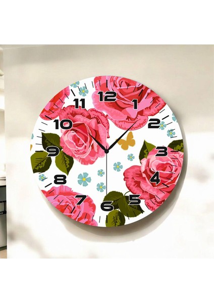 Pembe Renkli Baskı Gül Çiçeği Desenli Sayılı Hediyelik Ahşap Sessiz Duvar Saati 50CM