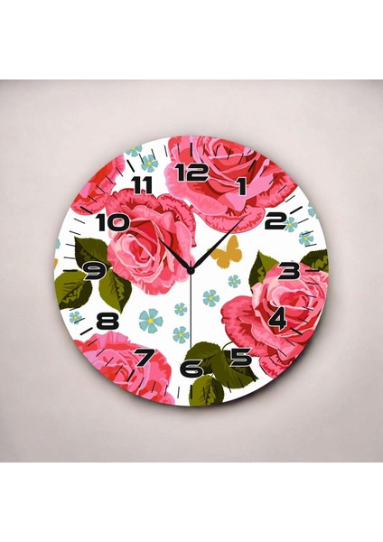 Pembe Renkli Baskı Gül Çiçeği Desenli Sayılı Hediyelik Ahşap Sessiz Duvar Saati 50CM