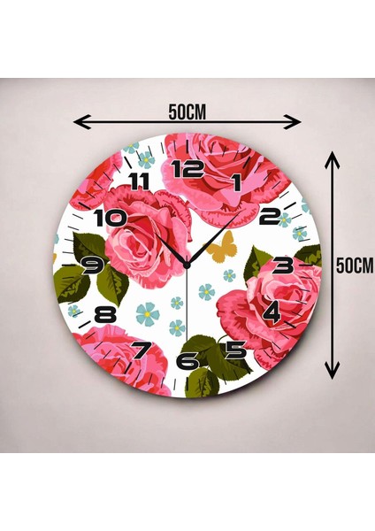 Pembe Renkli Baskı Gül Çiçeği Desenli Sayılı Hediyelik Ahşap Sessiz Duvar Saati 50CM
