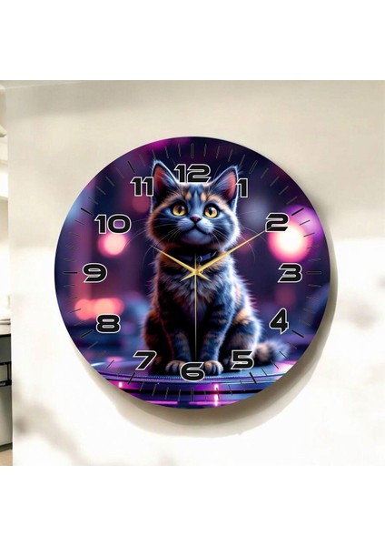 Koyu Renkli Baskı Kedi Desenli Sayılı Hediyelik Ahşap Sessiz Duvar Saati 50CM