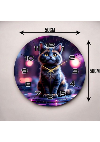 Koyu Renkli Baskı Kedi Desenli Sayılı Hediyelik Ahşap Sessiz Duvar Saati 50CM modelleri