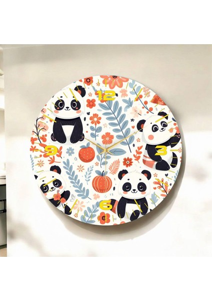 Renkli Baskı Panda Desenli Sayılı Hediyelik Ahşap Sessiz Duvar Saati 50CM