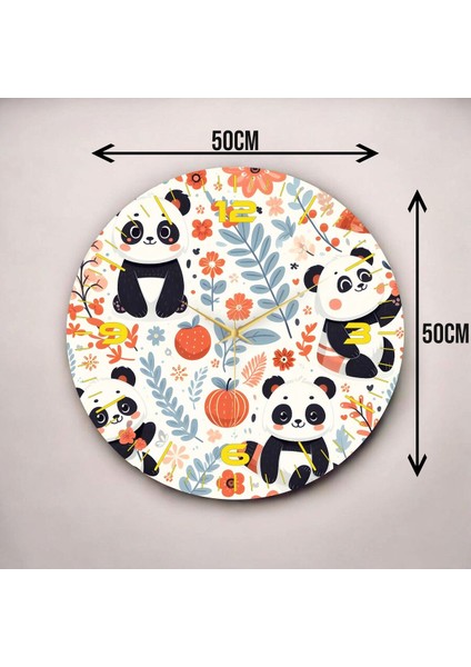 Renkli Baskı Panda Desenli Sayılı Hediyelik Ahşap Sessiz Duvar Saati 50CM modelleri