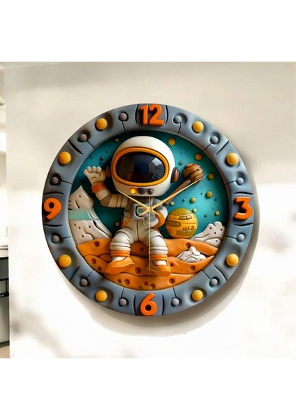 Renkli Baskı Astronot Uzay Çocuk Desenli Sayılı Hediyelik Ahşap Sessiz Duvar Saati 50CM