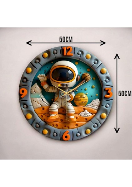 Renkli Baskı Astronot Uzay Çocuk Desenli Sayılı Hediyelik Ahşap Sessiz Duvar Saati 50CM modelleri