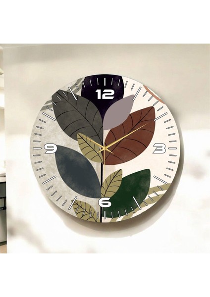 Renkli Baskı Çiçek Yaprak Desenli Sayılı Hediyelik Ahşap Sessiz Duvar Saati 45CM