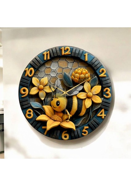 Kabartma Görünümlü Renkli Arı Çiçek Çocuk Desenli Sayılı Hediyelik Ahşap Sessiz Duvar Saati 50CM