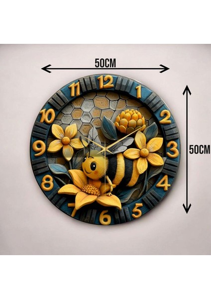 Kabartma Görünümlü Renkli Arı Çiçek Çocuk Desenli Sayılı Hediyelik Ahşap Sessiz Duvar Saati 50CM modelleri