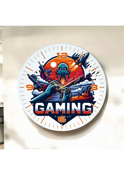 Gaming Yazılı Oyun Temalı Renkli Baskı Desenli Sayılı Hediyelik Ahşap Sessiz Duvar Saati 45CM