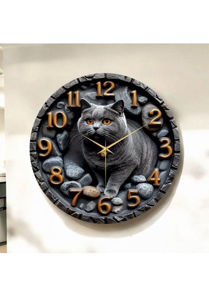 Scottish Kedi Kabartma Görünümlü Renkli Baskı Desenli Sayılı Hediyelik Ahşap Sessiz Duvar Saati 50CM