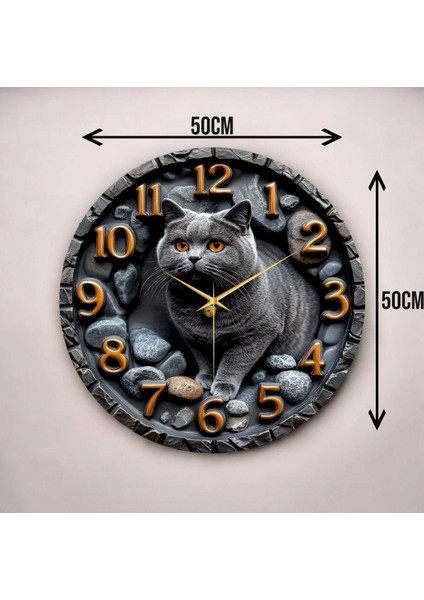 Scottish Kedi Kabartma Görünümlü Renkli Baskı Desenli Sayılı Hediyelik Ahşap Sessiz Duvar Saati 50CM modelleri