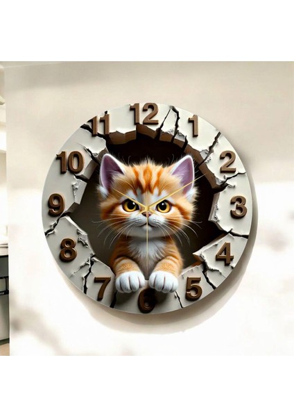 Renkli Baskı Kedi Çocuk Desenli Sayılı Hediyelik Ahşap Sessiz Duvar Saati 45CM