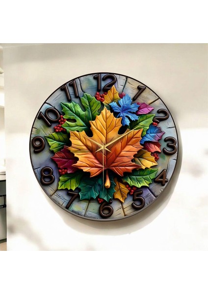 Renkli Baskı Yaprak Desenli Sayılı Hediyelik Ahşap Sessiz Duvar Saati 45CM