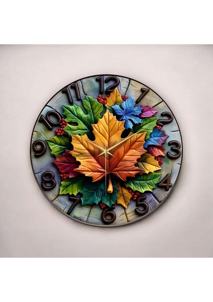 Renkli Baskı Yaprak Desenli Sayılı Hediyelik Ahşap Sessiz Duvar Saati 45CM fiyatları