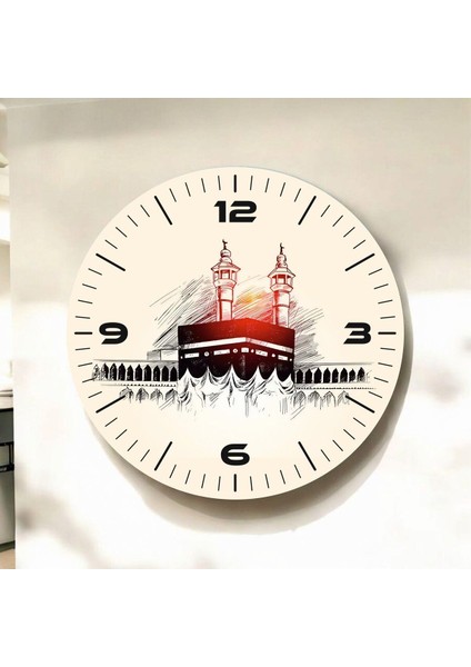Renkli Baskı Kabe Dini Desenli Sayılı Hediyelik Ahşap Sessiz Duvar Saati 50CM