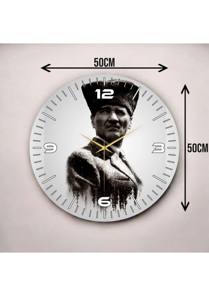 Siyah Beyaz Renkli Baskı Atatürk Portre Desenli Sayılı Hediyelik Ahşap Sessiz Duvar Saati 50CM modelleri