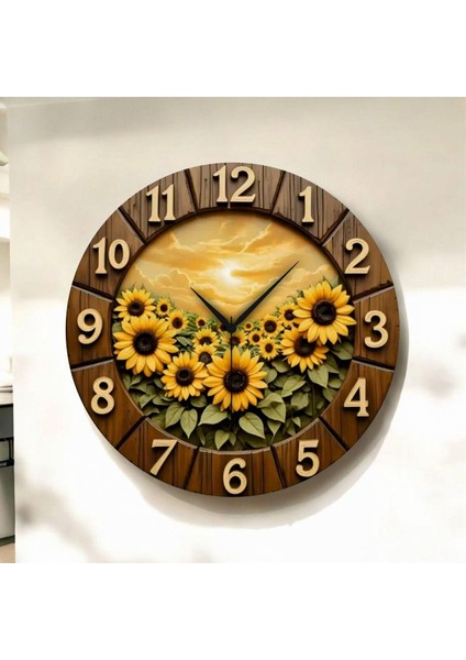 2d Ayçiçeği Desenli Renkli Baskı Sayılı Hediyelik Ahşap Sessiz Duvar Saati 45CM