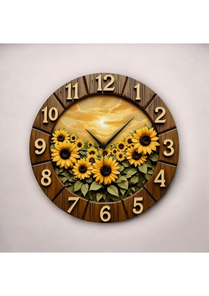 2d Ayçiçeği Desenli Renkli Baskı Sayılı Hediyelik Ahşap Sessiz Duvar Saati 45CM fiyatları