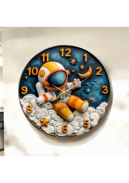 Renkli Baskı Astronot Çocuk Desenli Sayılı Hediyelik Ahşap Sessiz Duvar Saati 45CM
