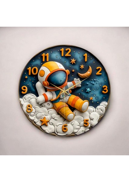 Renkli Baskı Astronot Çocuk Desenli Sayılı Hediyelik Ahşap Sessiz Duvar Saati 45CM fiyatları
