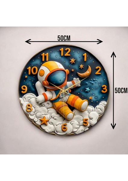 Renkli Baskı Astronot Çocuk Desenli Sayılı Hediyelik Ahşap Sessiz Duvar Saati 45CM modelleri