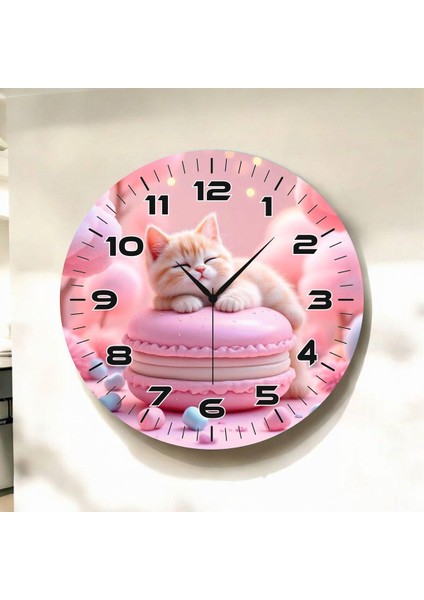 Pembe Kedi Renkli Baskı Hayvan Desenli Sayılı Hediyelik Ahşap Sessiz Duvar Saati 50CM