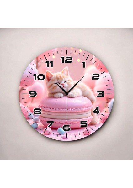 Pembe Kedi Renkli Baskı Hayvan Desenli Sayılı Hediyelik Ahşap Sessiz Duvar Saati 50CM