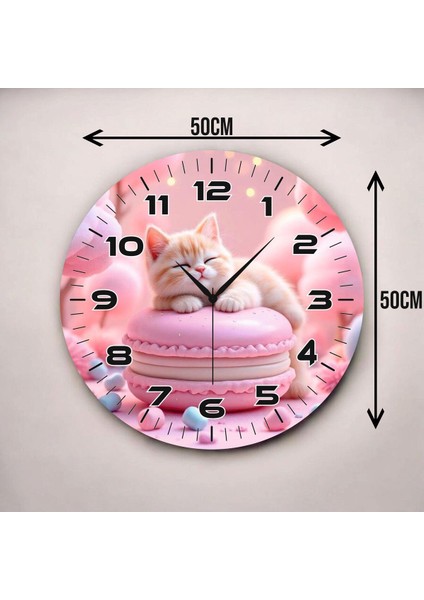 Pembe Kedi Renkli Baskı Hayvan Desenli Sayılı Hediyelik Ahşap Sessiz Duvar Saati 50CM