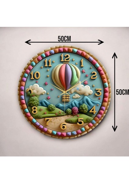 Uçan Balon Tasarımlı Renkli Baskı Desenli Sayılı Hediyelik Ahşap Sessiz Duvar Saati 50CM modelleri