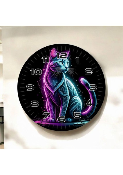 Mavi Mor Kedi Renkli Baskı Hayvan Desenli Sayılı Hediyelik Ahşap Sessiz Duvar Saati 45CM