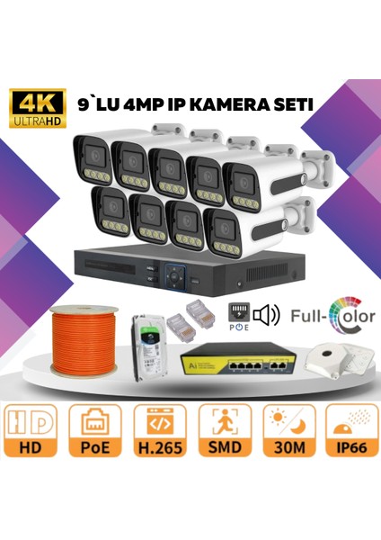 9'lu Güvenlik Ip Kamera Seti - 4mp Dış Mekan Kamera, 3.6mm Lens, H.265, Poe, Warm LED Gece Görüşlü