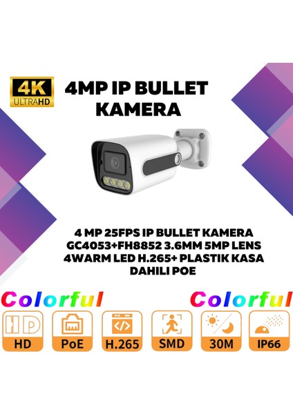 9'lu Güvenlik Ip Kamera Seti - 4mp Dış Mekan Kamera, 3.6mm Lens, H.265, Poe, Warm LED Gece Görüşlü