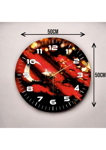 Siyah Kırmızı Renkli Baskı Türk Bayrağı Desenli Sayılı Hediyelik Ahşap Sessiz Duvar Saati 50CM modelleri