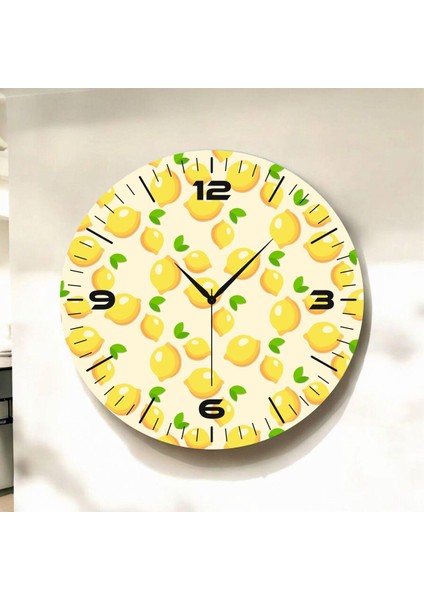 Sarı Renkli Baskı Limon Desenli Sayılı Hediyelik Ahşap Sessiz Duvar Saati 50CM