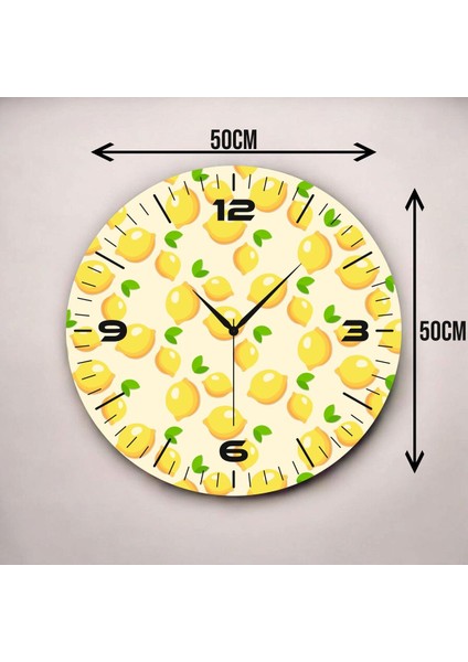 Sarı Renkli Baskı Limon Desenli Sayılı Hediyelik Ahşap Sessiz Duvar Saati 50CM modelleri