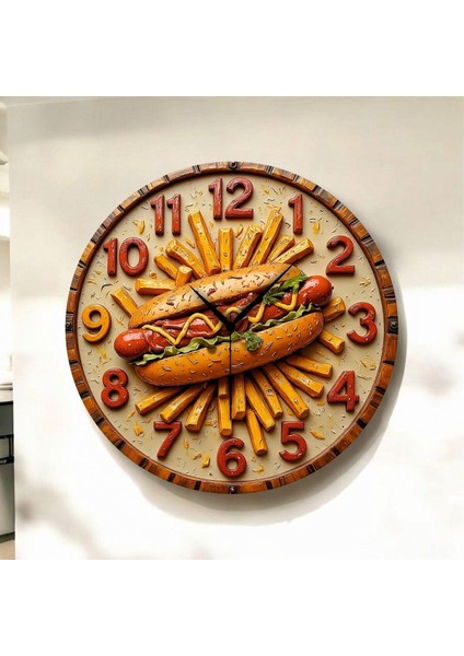 Renkli Baskı Büfe Sosis Yemek Desenli Sayılı Hediyelik Ahşap Sessiz Duvar Saati 45CM