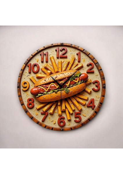 Renkli Baskı Büfe Sosis Yemek Desenli Sayılı Hediyelik Ahşap Sessiz Duvar Saati 45CM fiyatları