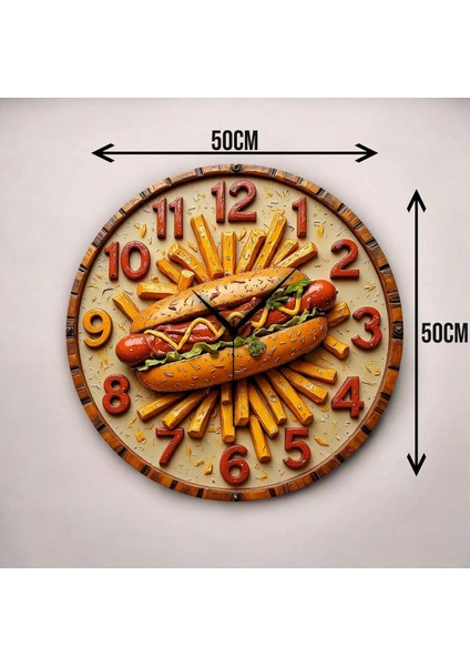 Renkli Baskı Büfe Sosis Yemek Desenli Sayılı Hediyelik Ahşap Sessiz Duvar Saati 45CM modelleri