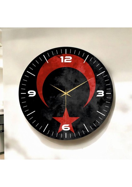 Renkli Baskı Türk Bayrak Desenli Sayılı Hediyelik Ahşap Sessiz Duvar Saati 45CM