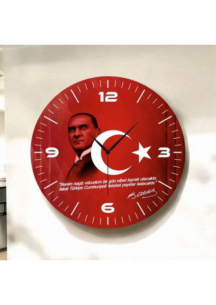 Renkli Baskı Atatürk Bayrak Desenli Sayılı Hediyelik Ahşap Sessiz Duvar Saati 45CM