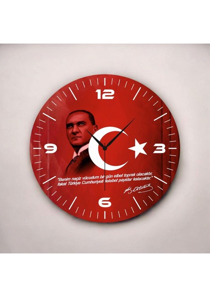 Renkli Baskı Atatürk Bayrak Desenli Sayılı Hediyelik Ahşap Sessiz Duvar Saati 45CM fiyatları