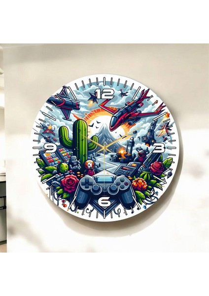 Oyun Temalı Gamer Renkli Baskı Desenli Sayılı Hediyelik Ahşap Sessiz Duvar Saati 45CM