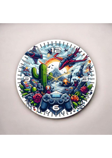 Oyun Temalı Gamer Renkli Baskı Desenli Sayılı Hediyelik Ahşap Sessiz Duvar Saati 45CM fiyatları