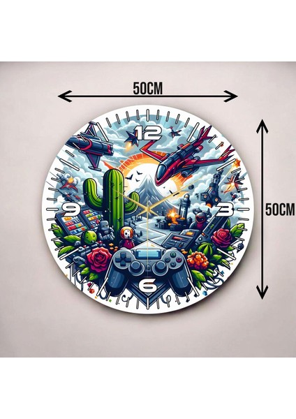 Oyun Temalı Gamer Renkli Baskı Desenli Sayılı Hediyelik Ahşap Sessiz Duvar Saati 45CM modelleri