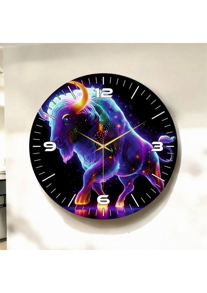 Neon Boğa Renkli Baskı Desenli Sayılı Hediyelik Ahşap Sessiz Duvar Saati 50CM
