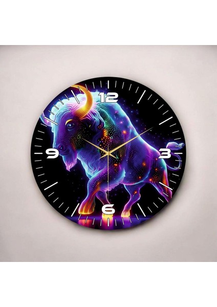 Neon Boğa Renkli Baskı Desenli Sayılı Hediyelik Ahşap Sessiz Duvar Saati 50CM fiyatları