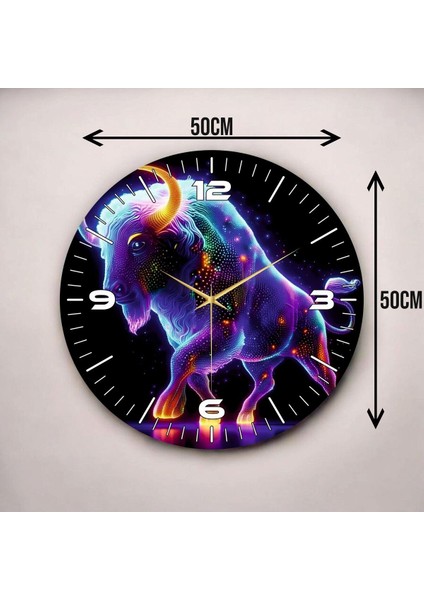 Neon Boğa Renkli Baskı Desenli Sayılı Hediyelik Ahşap Sessiz Duvar Saati 50CM modelleri