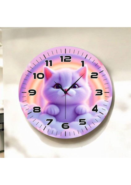 Mor Renkli Baskı Kedi Desenli Sayılı Hediyelik Ahşap Sessiz Duvar Saati 45CM