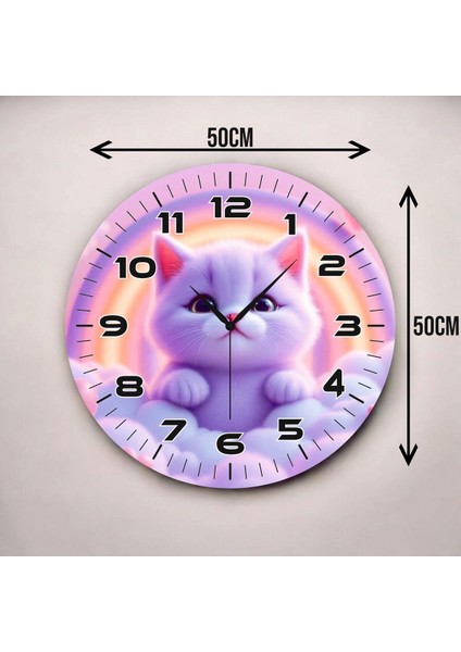 Mor Renkli Baskı Kedi Desenli Sayılı Hediyelik Ahşap Sessiz Duvar Saati 45CM modelleri