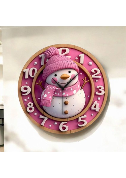Pembe Kardan Adam Renkli Baskı Desenli Sayılı Hediyelik Ahşap Sessiz Duvar Saati 50CM